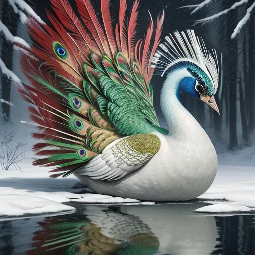 Majestic White Peacock in Snowy Forest: Digital Wildlife Art