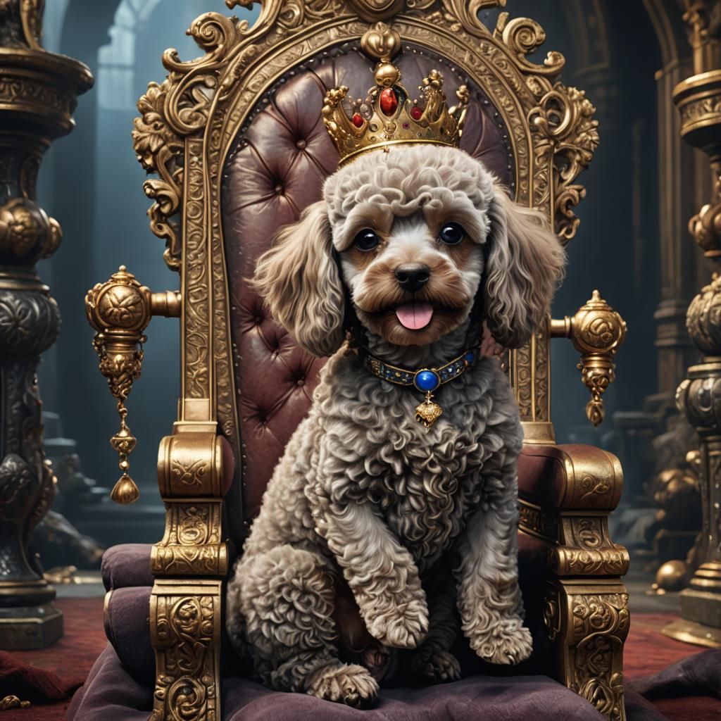 Crowned Poodle Puppy on Throne: Fantasy Art