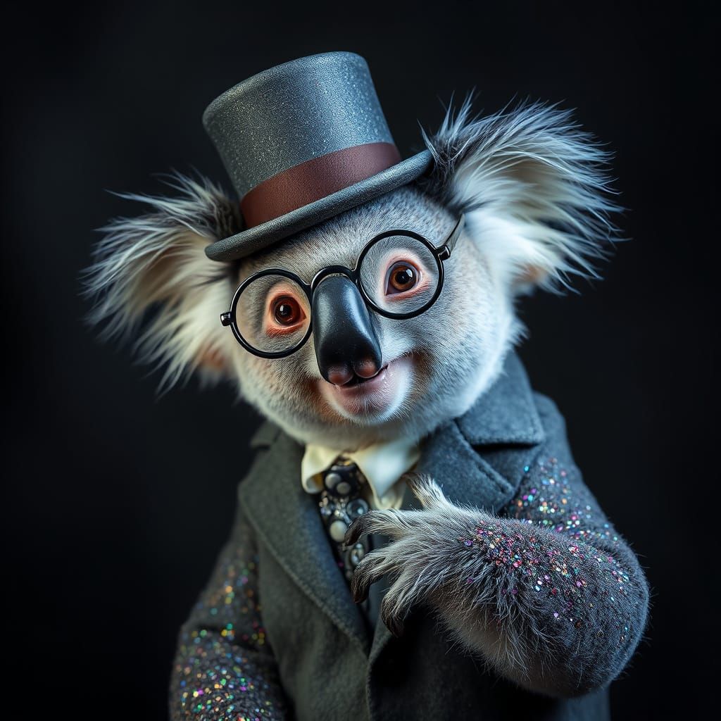 Koala Scientist in Art Deco Top Hat, Hyperrealistic Portrait