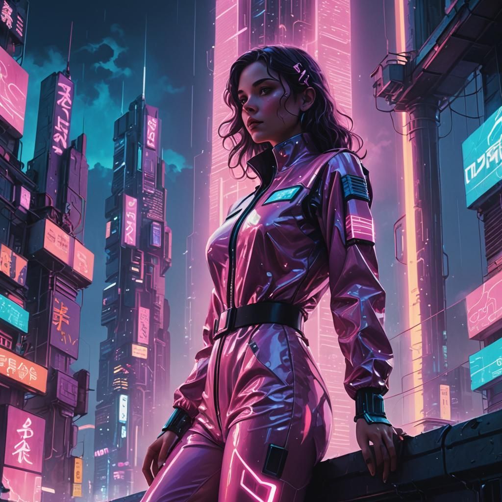 Futuristic Woman Views Vaporwave City in Neon Lights