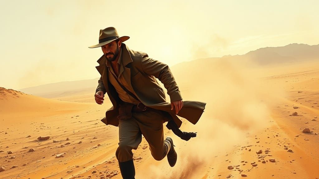 Dramatic Figure in Flight Across a Desert Landscape