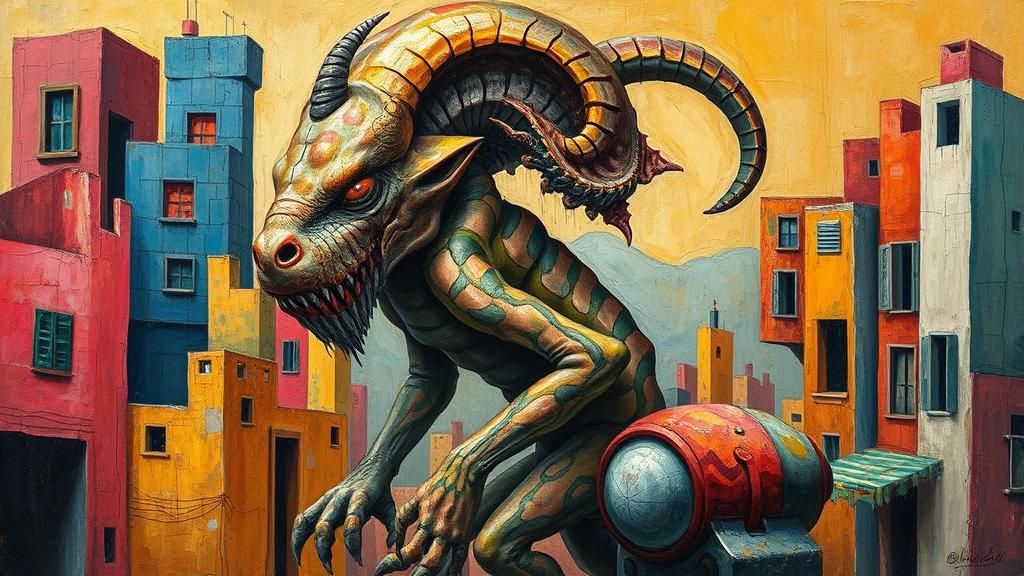 Surreal Amalgamation: Mythological Creature in Cubist City