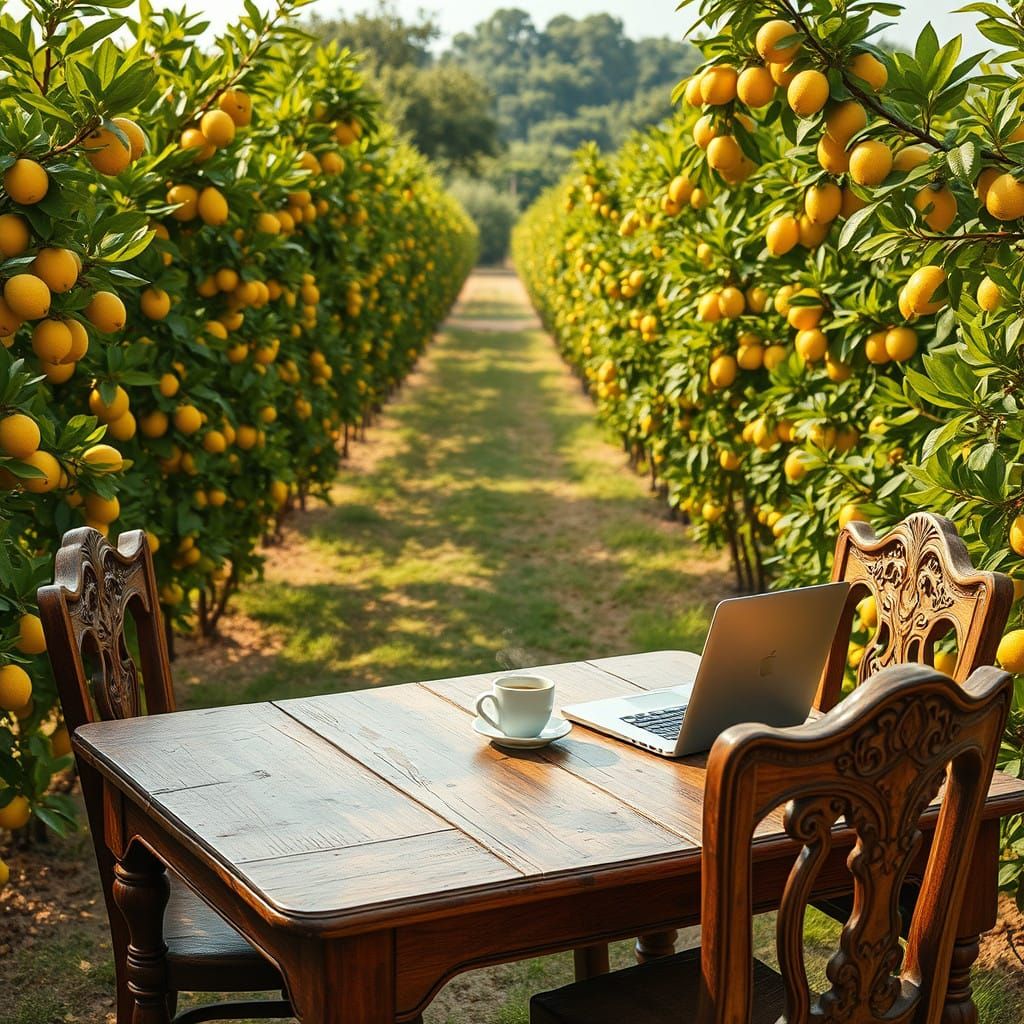 Gouache Masterpiece: Serene Lemon Farm Scene with Coffee and...
