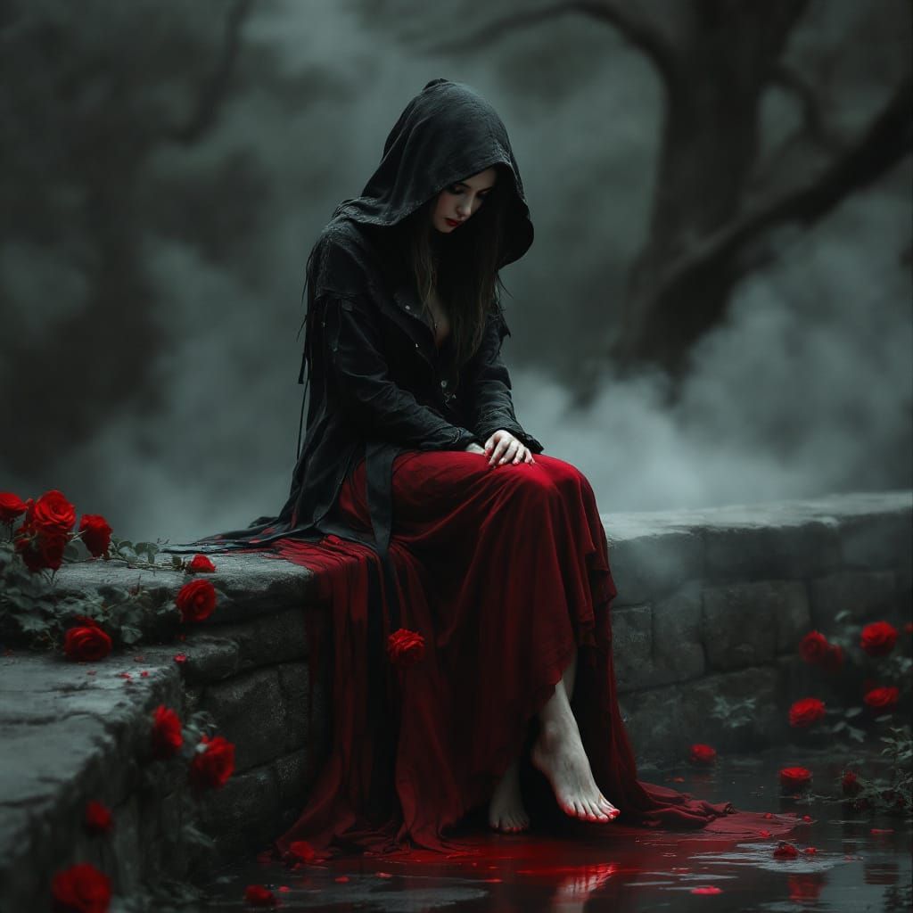 Gothic Woman in Red Roses, Moody Cinematic Scene