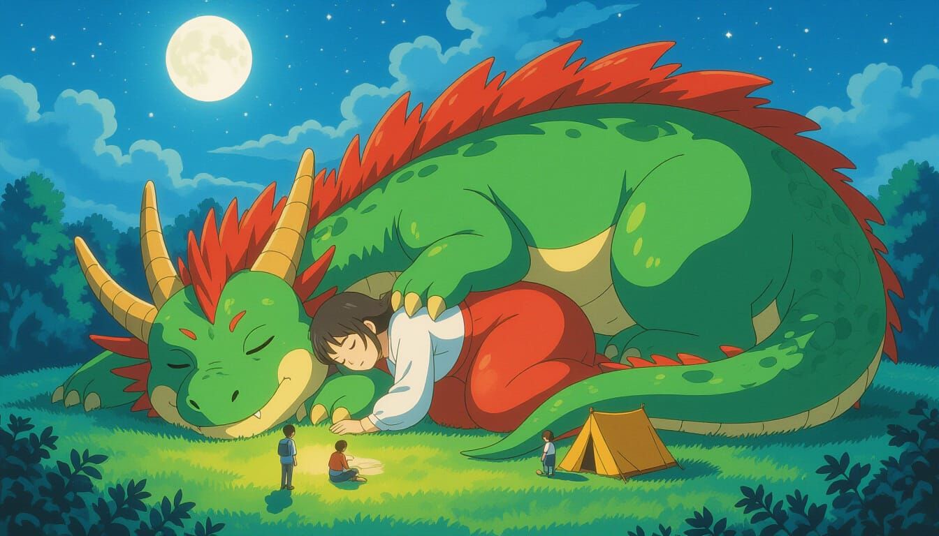 Giantess and Dragon Sleeping, Anime Style Ghibli