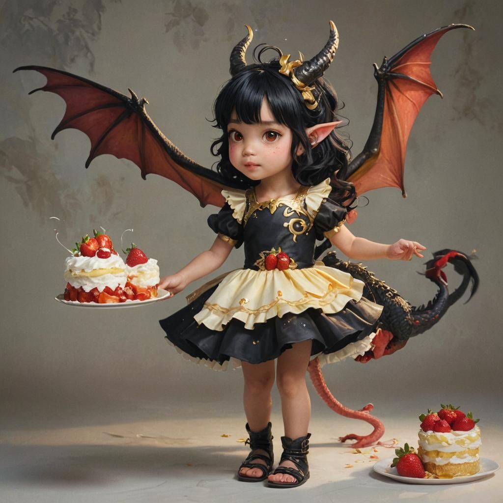 Dragon Girl Eating Cake: Dark Fantasy Digital Art