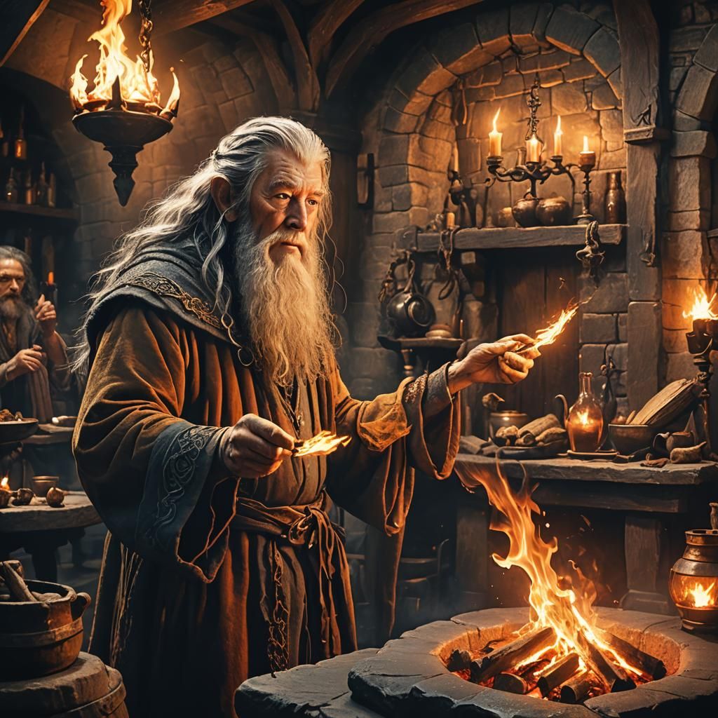 Gandalf-like Wizard Casting Fire Spell in Tavern