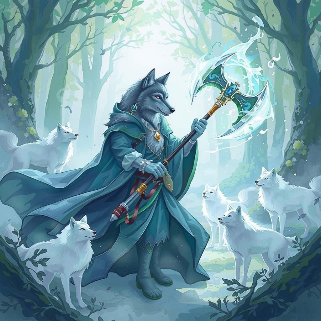 Ethereal Wolf Attack with Magic Axe in Watercolor