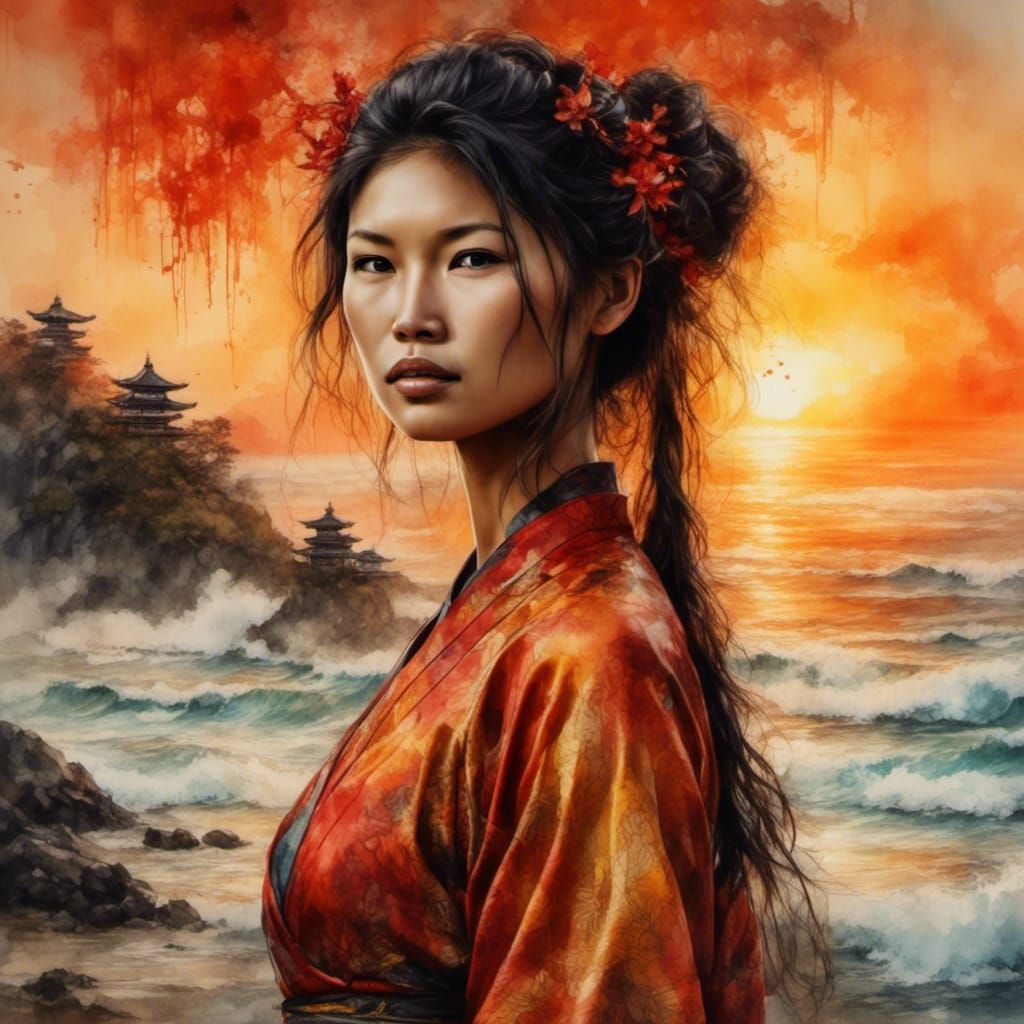 Japanese Princess on Sunset Beach in Watercolor