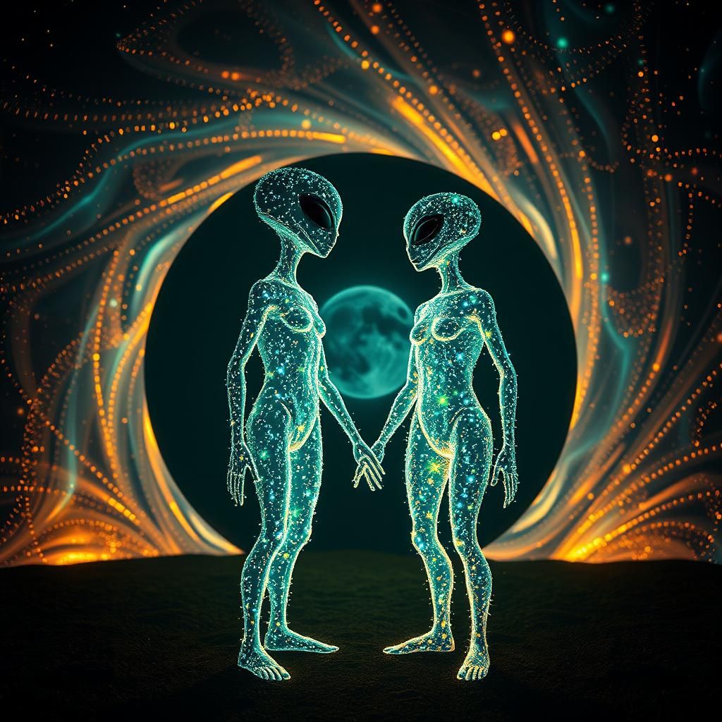 Stardust Aliens at Iridescent Portal: Surreal Sci-Fi Art