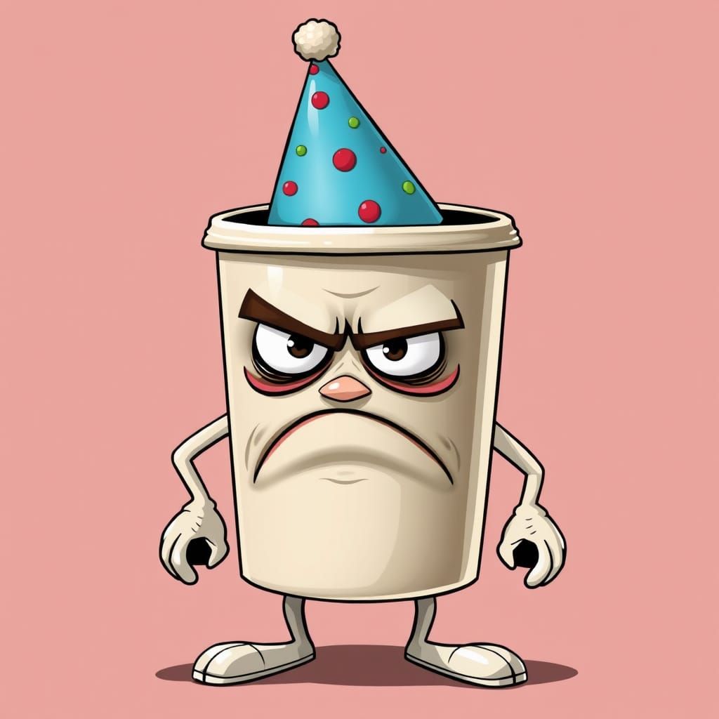 Grumpy Coffee Cup Celebrates With Party Hat