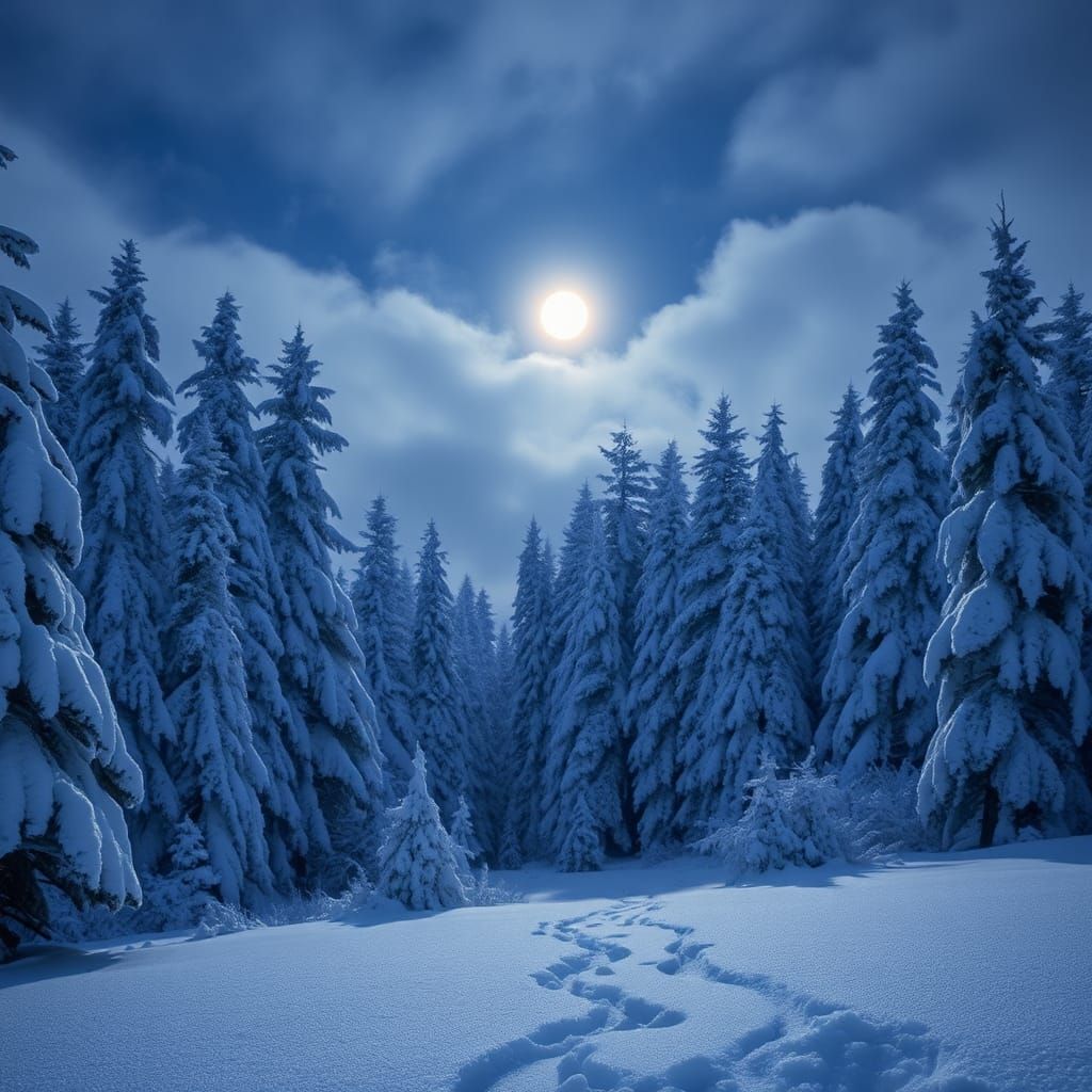 Moonlit Winter Forest Scene with Sparkling Snow