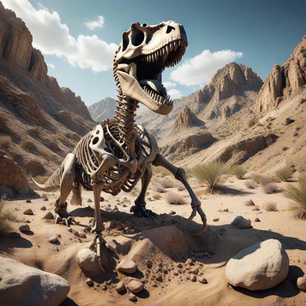 Dinosaur Skeleton Unearthed in Rocky Desert Landscape in Hyp...