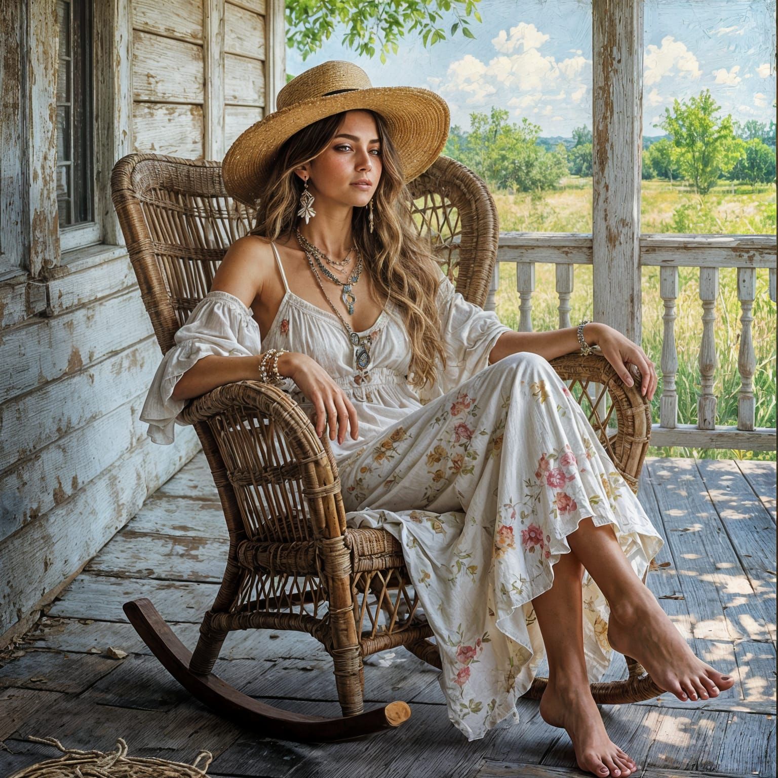 Bohemian Beauty on Texas Porch: An Impasto Oil Art