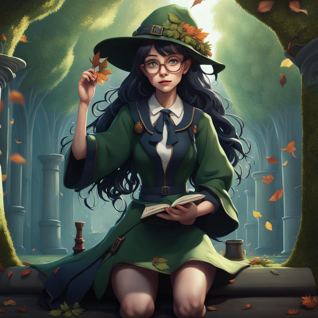 Girl Reading on Giant Book in Fantasy Library