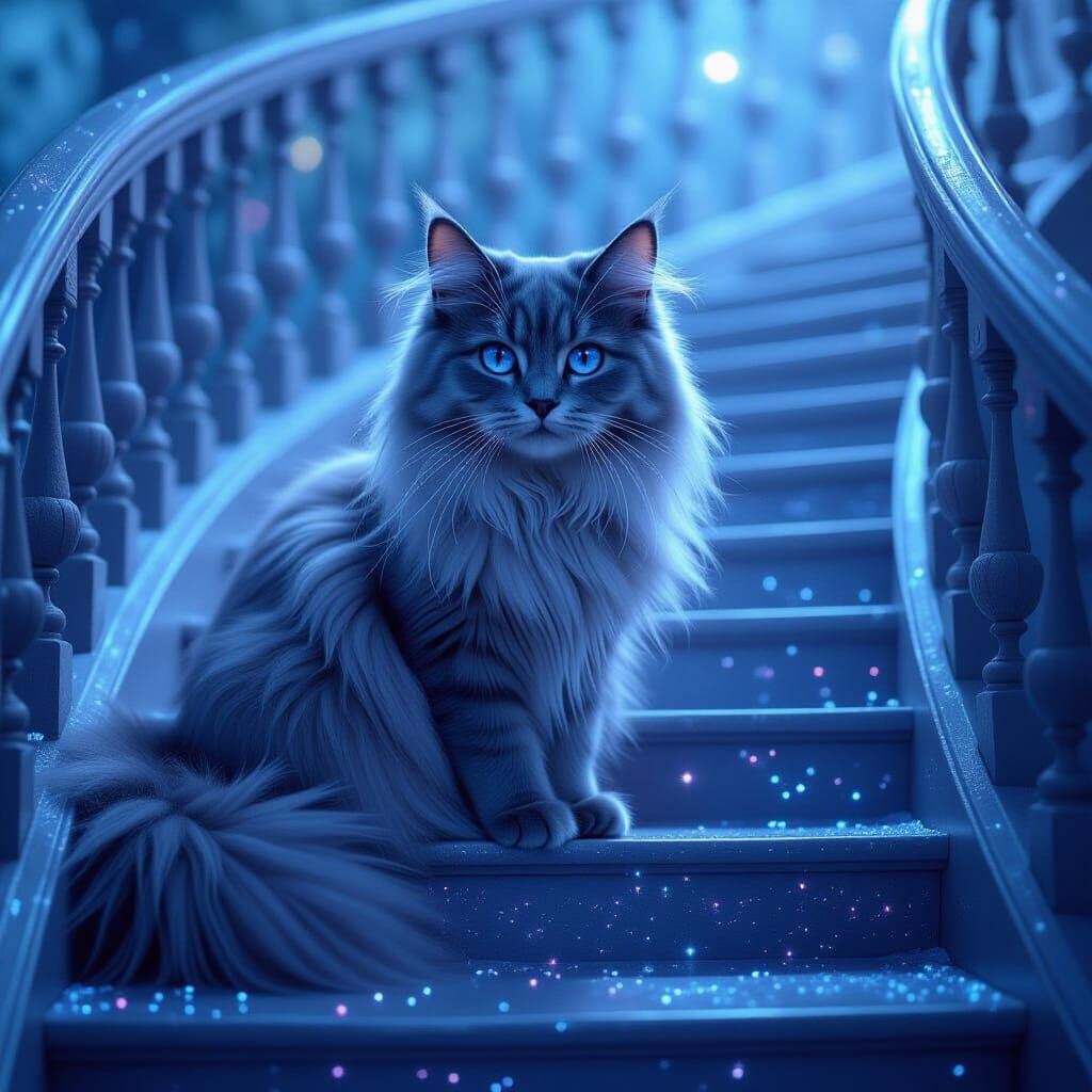 Russian Blue Cat on Stardust Staircase