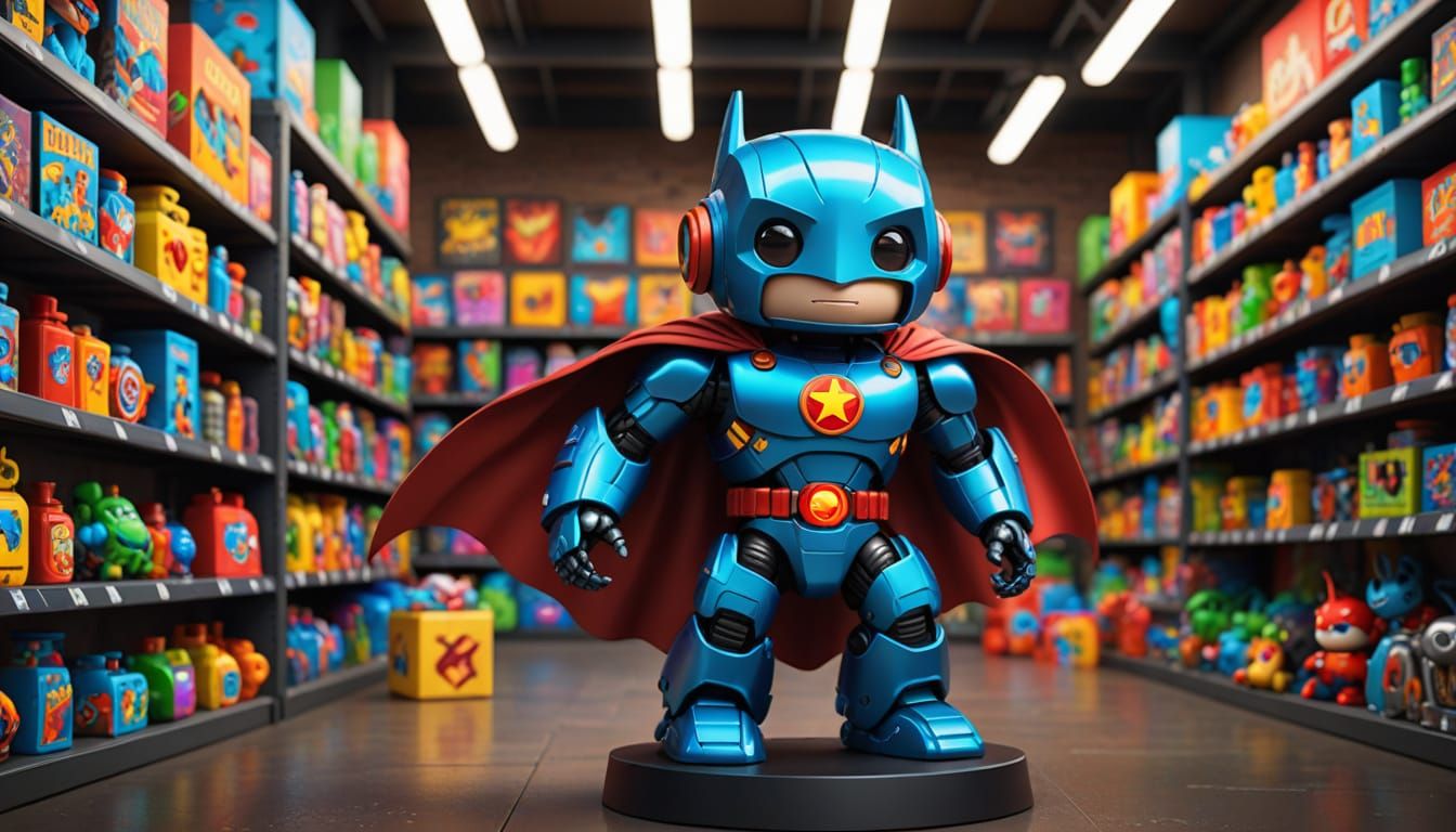 Hyperrealistic Robot Superhero Toy in Toy Store Shelf, Splas...