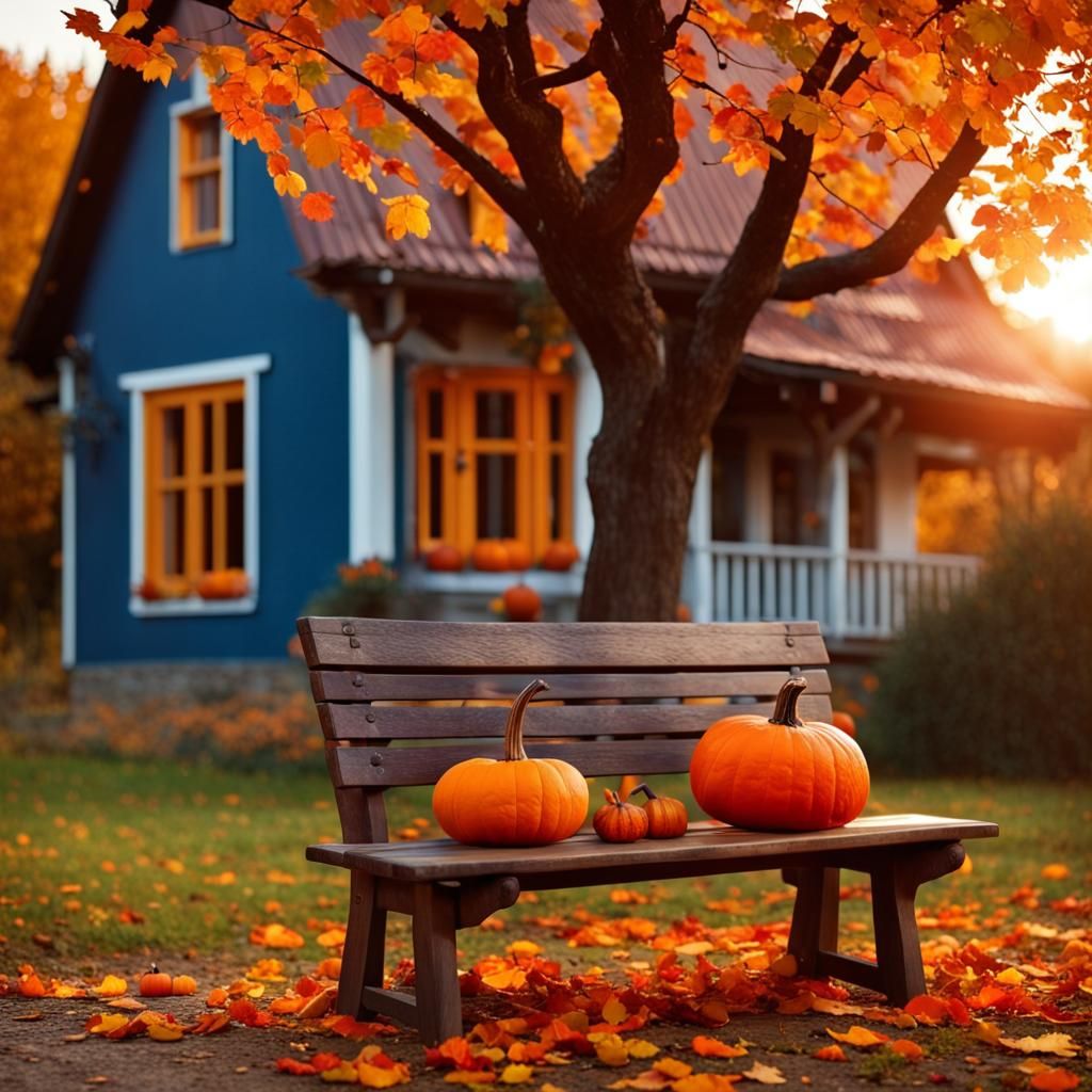 Autumn Farmhouse Sunset with Pumpkin