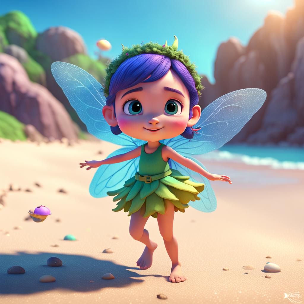 Cute Fairy Exploring Beach in 3D Style