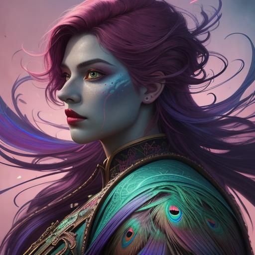 Colorful Woman with Peacock Feathers, Digital Art Nouveau