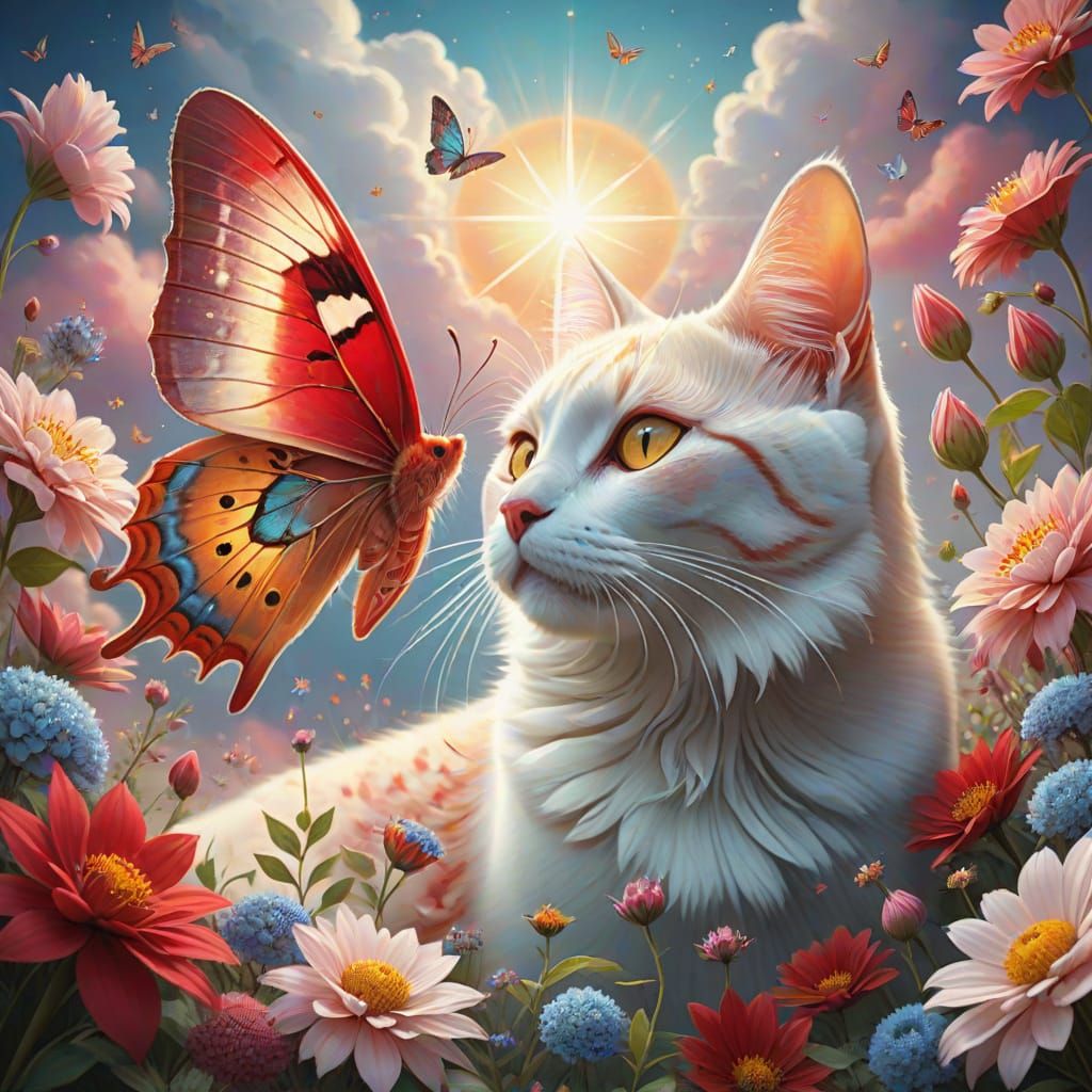 Surreal Star-Shaped Mandala with Two Cats and Vibrant Flower...