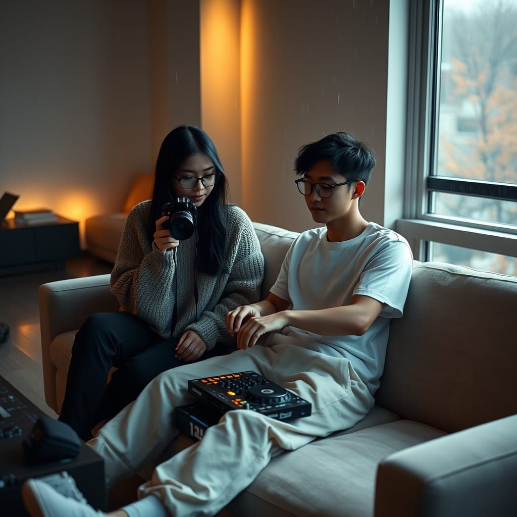 Asian Teen Couple in Cozy Loft on Rainy Autumn Day