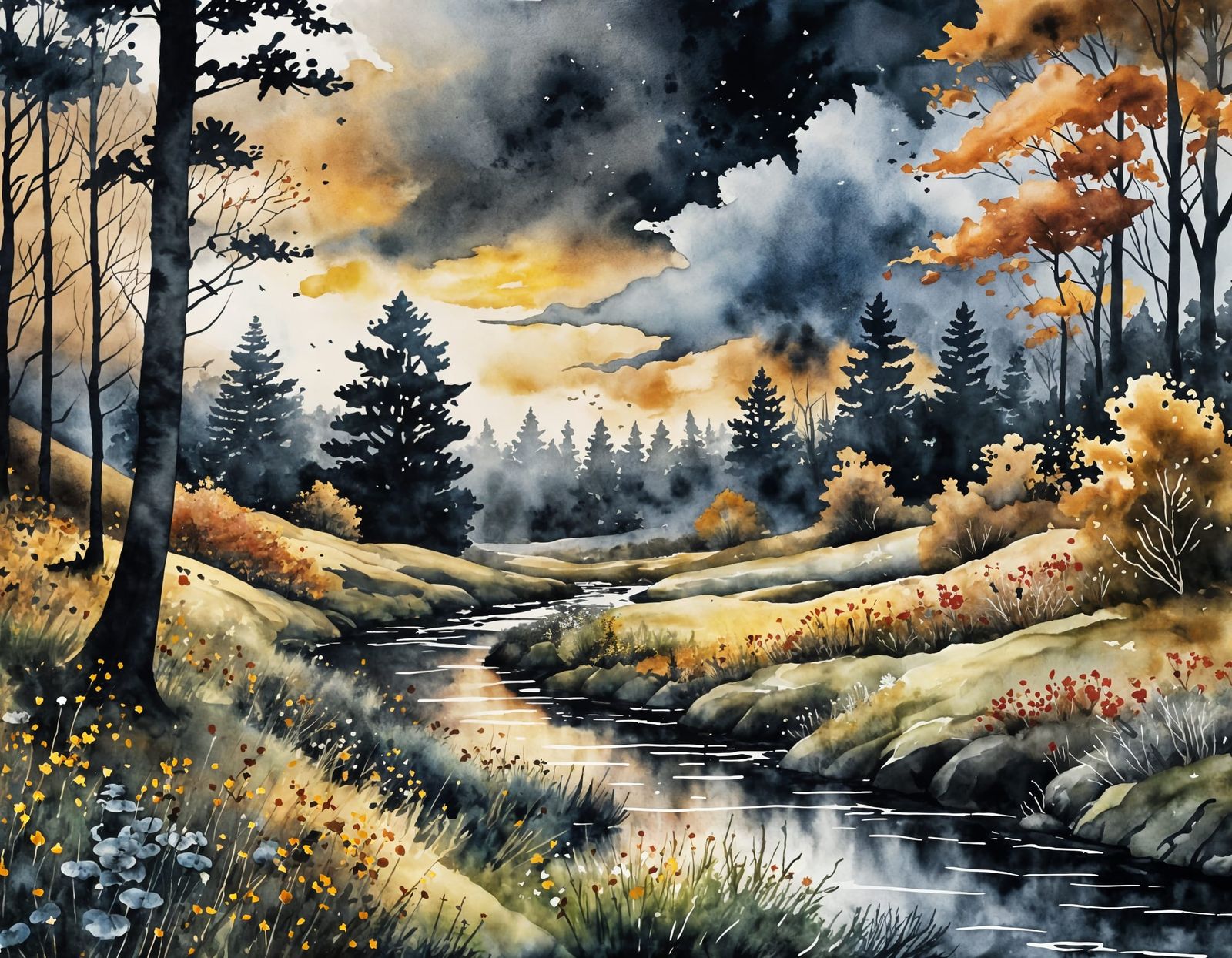 Moody Dark Inky Watercolour Painting of Autumn Forest