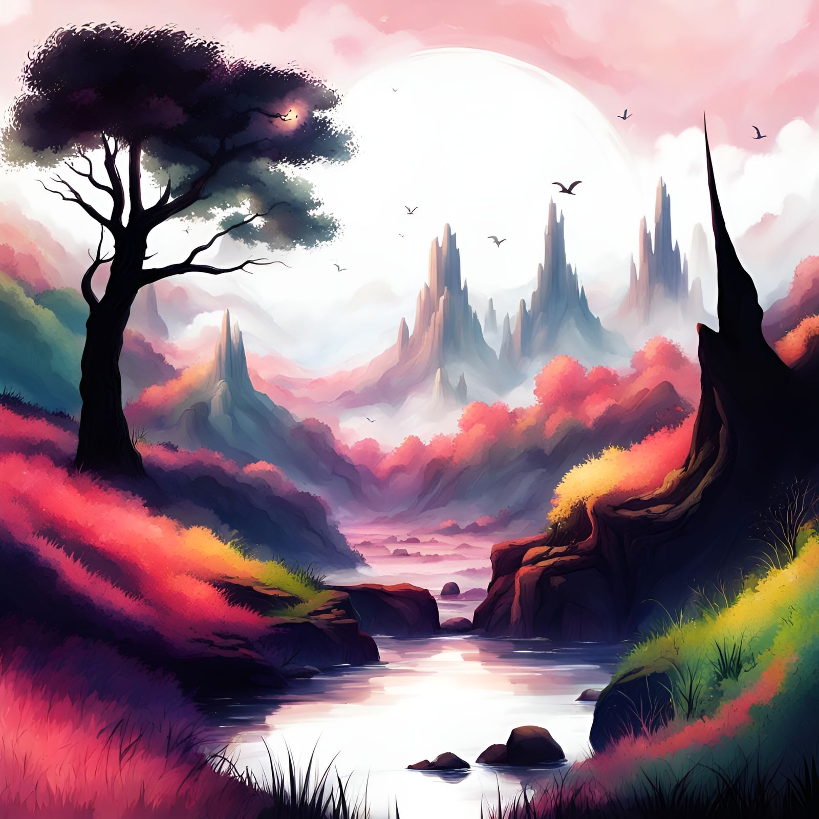 Fantasy landscape evolved from ink drip landscape