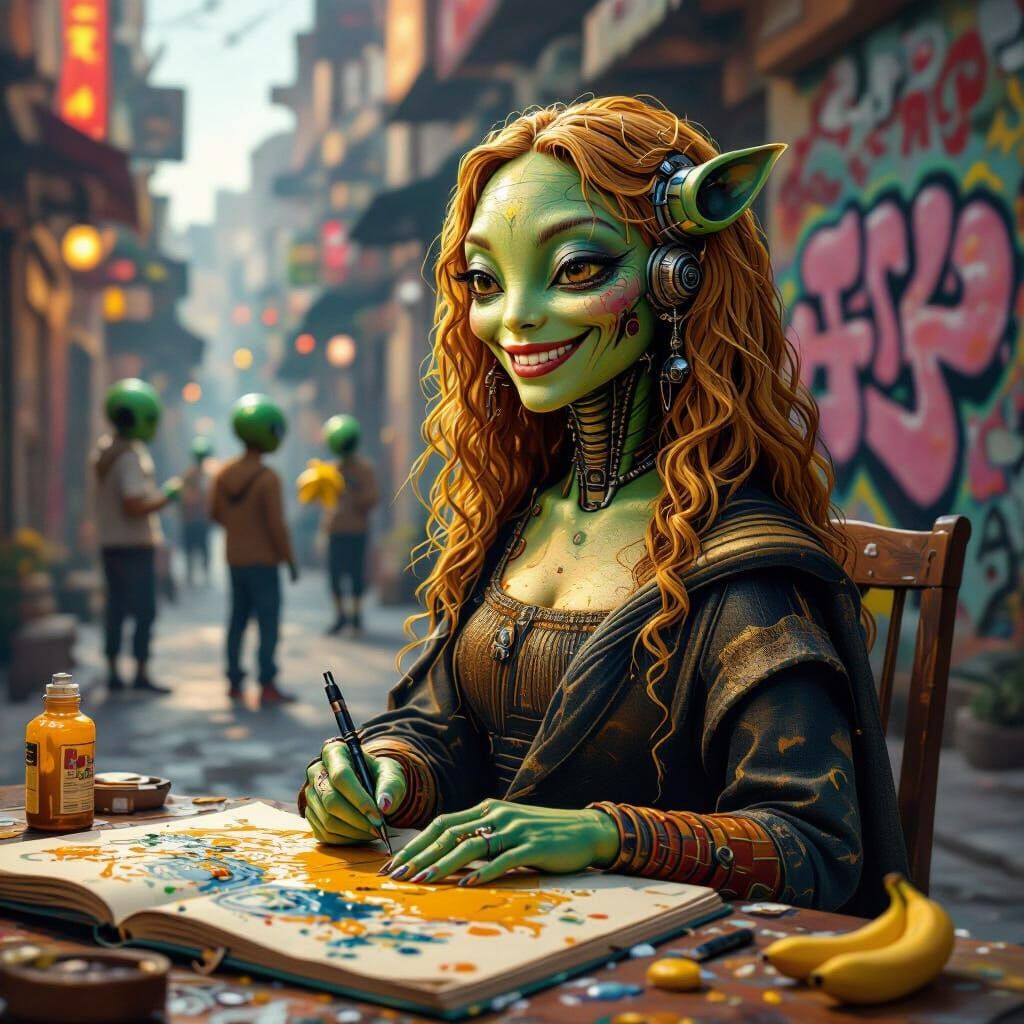 Smiling Alien with Camel in Neo-Impressionist Style