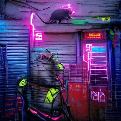 Cyberpunk Rat Navigating Neon Alleyway