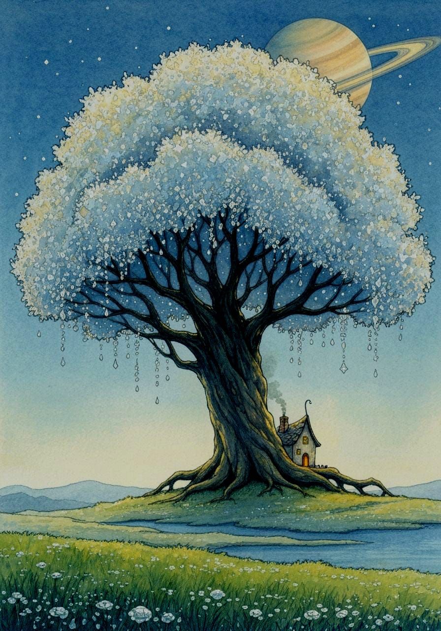 Whimsical Cottage in Ancient Cloud Tree, Watercolor Style