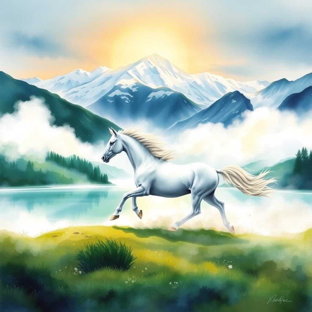 Ethereal Watercolor Valley with Regal Horse in Sunset Glow
