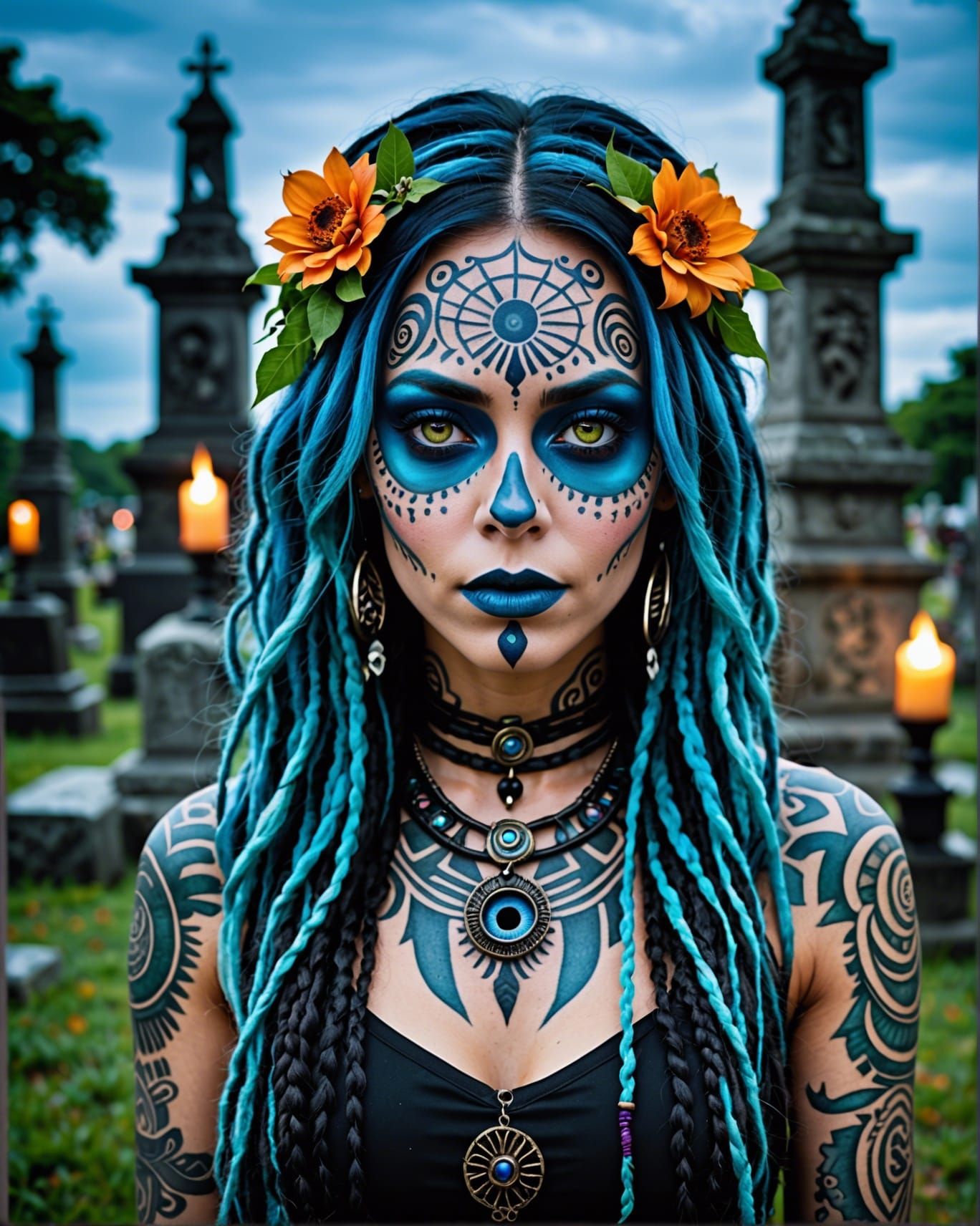 Bioluminescent Tattoo Portrait in Gothic Surrealism