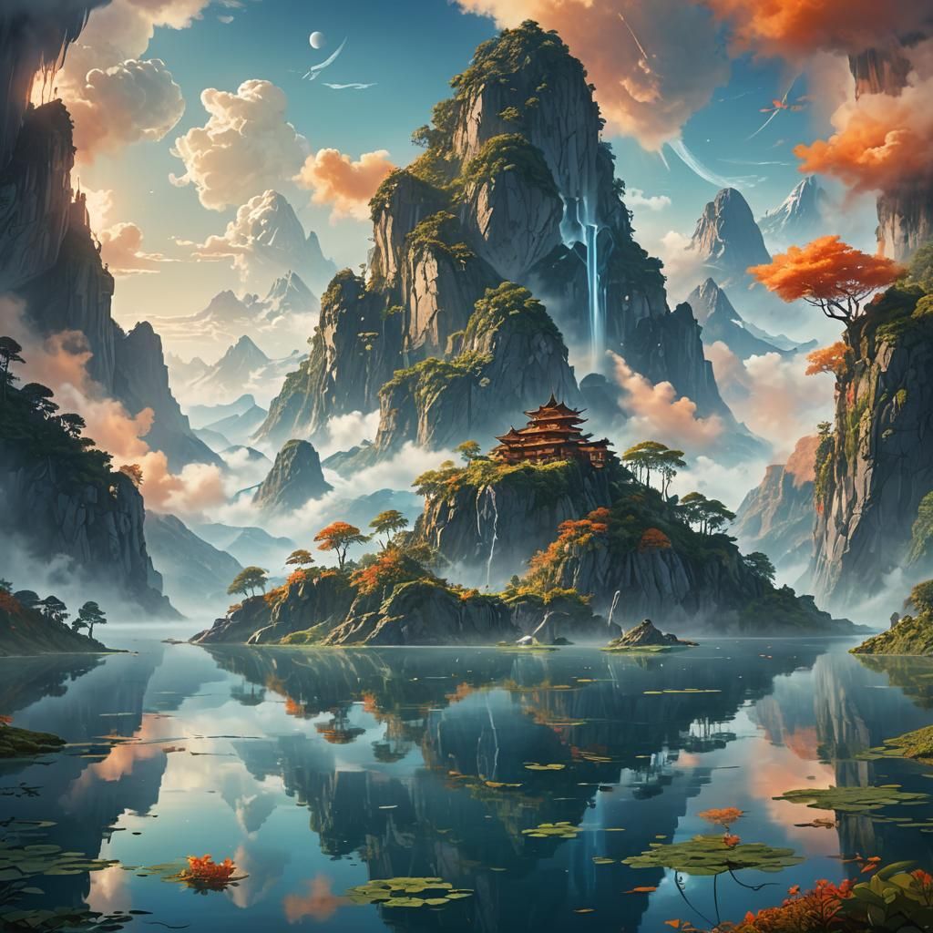 Tranquil Mountain Lake with Floating Islands in Digital Art