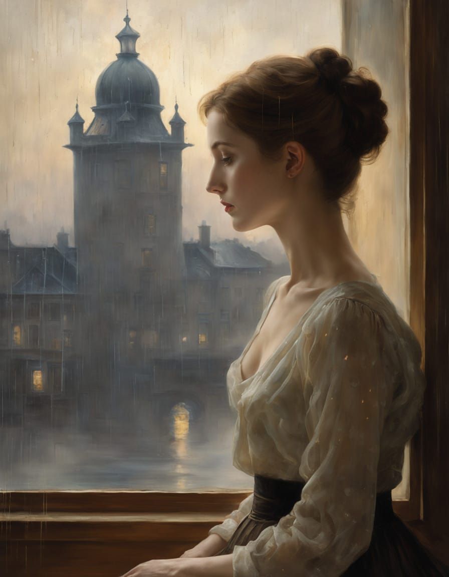 Ethereal Woman Lost in Rainy Day Reflections