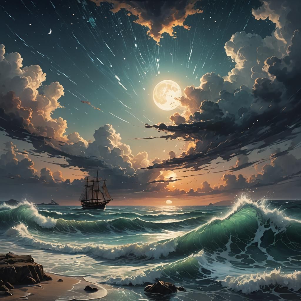 Hyperrealistic Seascape at Twilight: Splash Art Concept