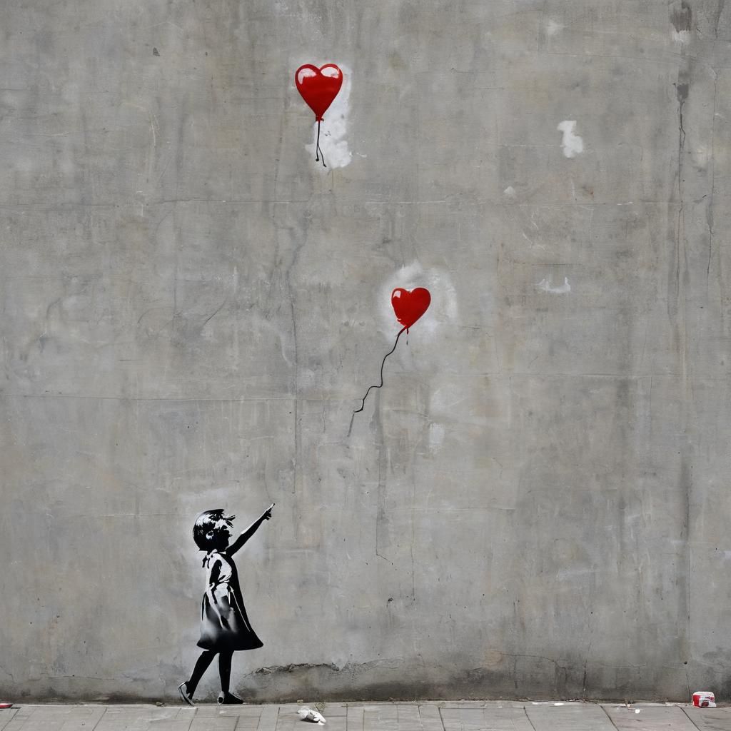 Girl with Red Balloon in Street Art Style