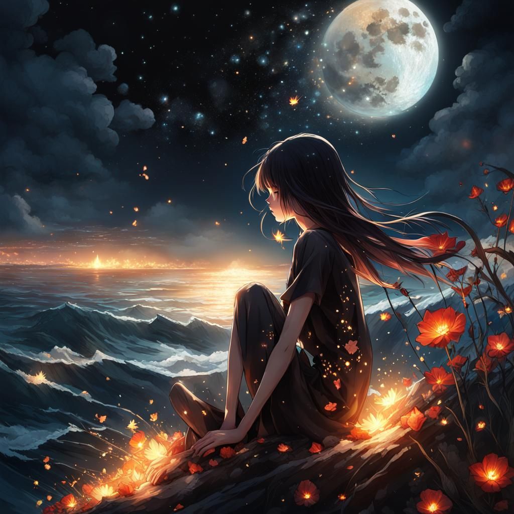 Noir Anime Girl Gazing at Exploding Starry Sky