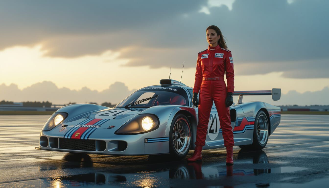 Female Pilot Beside Retro Porsche 962C Race Car at Dawn