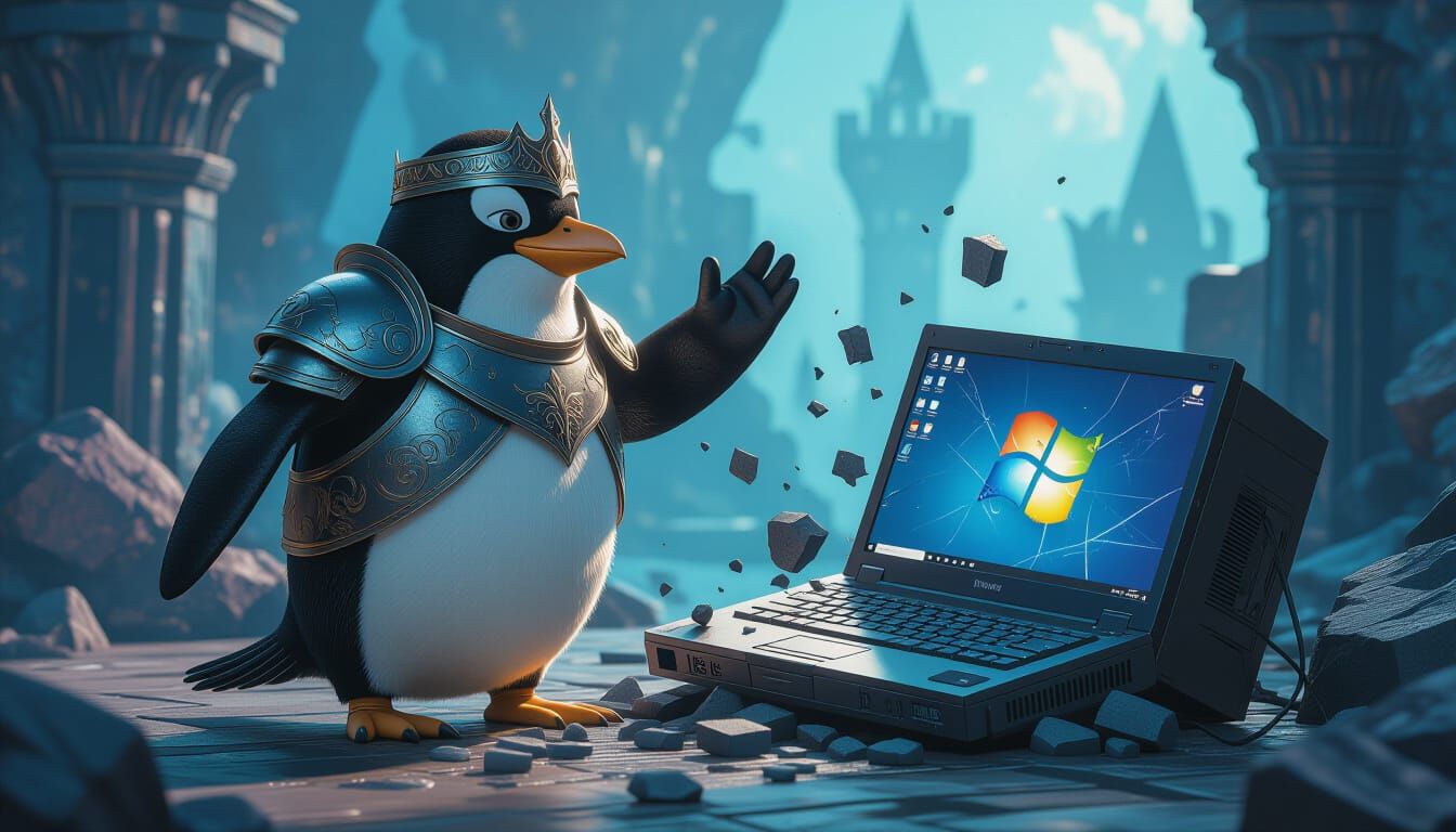Linux Penguin Victorious Over Broken Windows PC - Fantasy Ma...