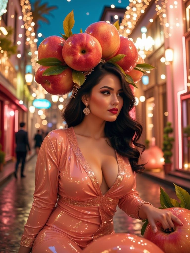 Surreal Peach Queen in Dreamlike Latex Gown
