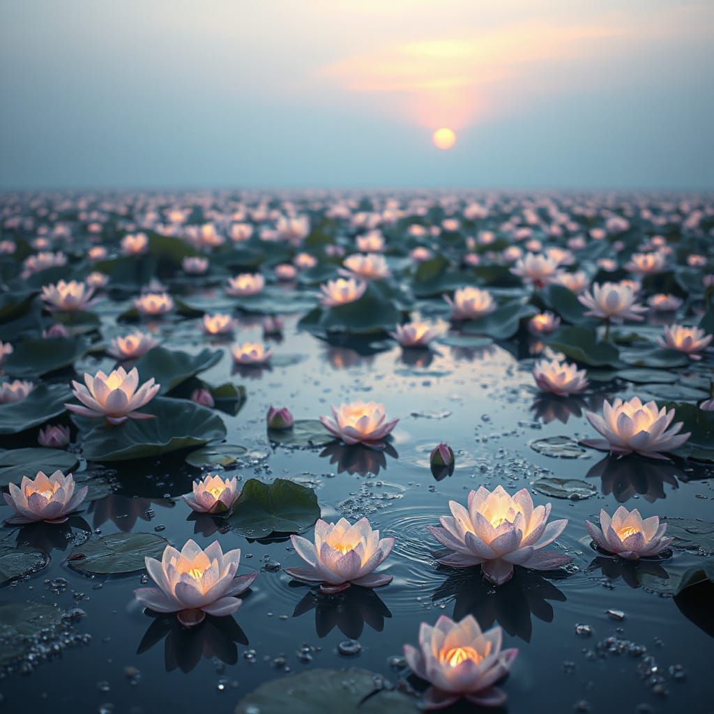 Surreal Lotus Pond Scene at Dusk in Hyper-Realistic Impressi...