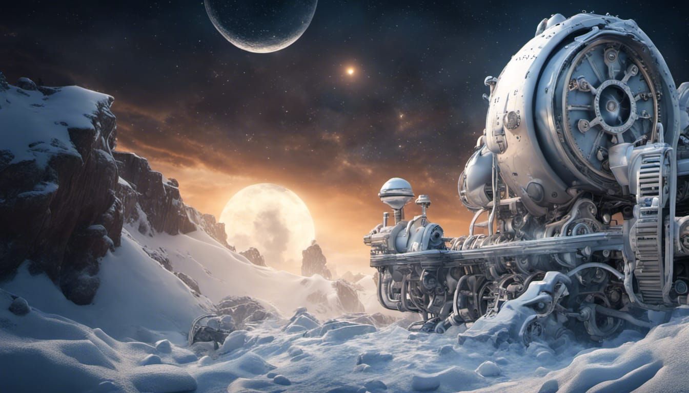 Large steampunk machinery iced and snowed in.