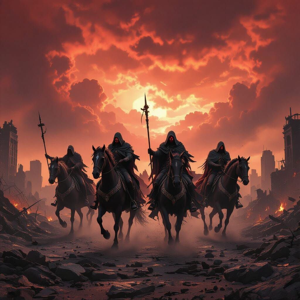 Four Horsemen of Apocalypse in Ruined City