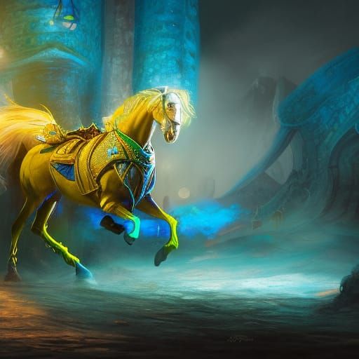 Knight on Fluorescent Horse in Dungeon