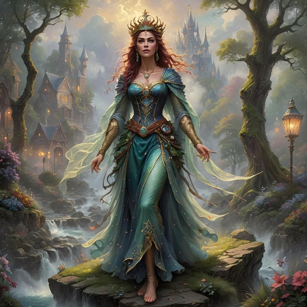 Ethereal Bearded Queen of Chaos in Misty Landscape