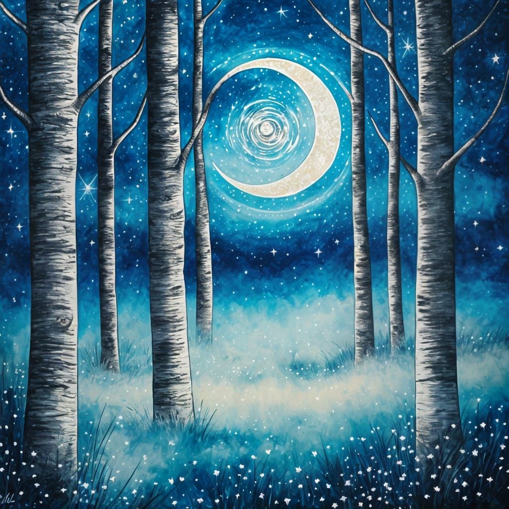 Ethereal Birch Forest Under Golden Moonlight
