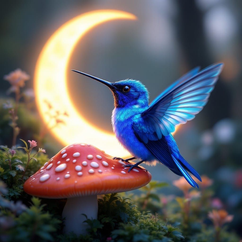 Iridescent Hummingbird on Mushroom in Dreamy Forest