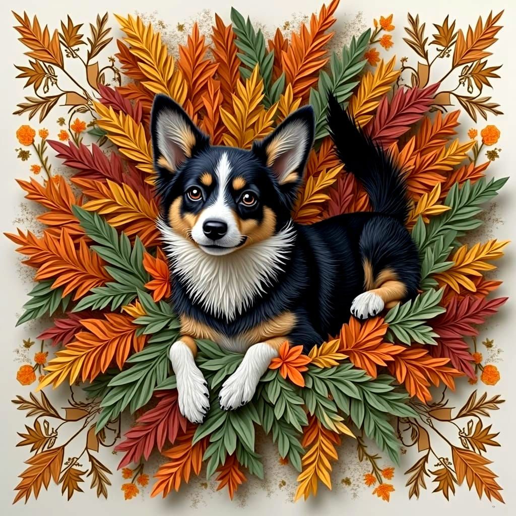 Dog in Leaves: Folk Art Paper Collage