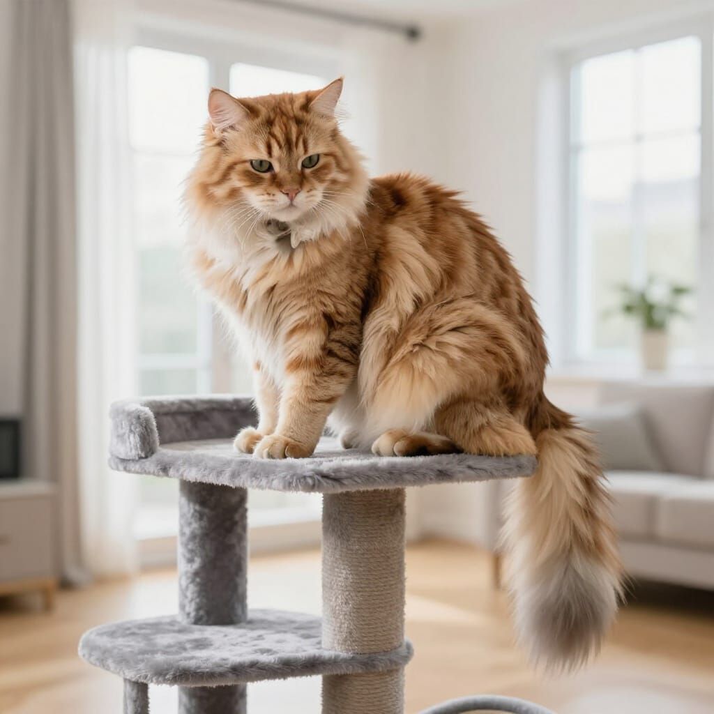 Majestic Ginger Norwegian Forest Cat Grooming on Cat Tree